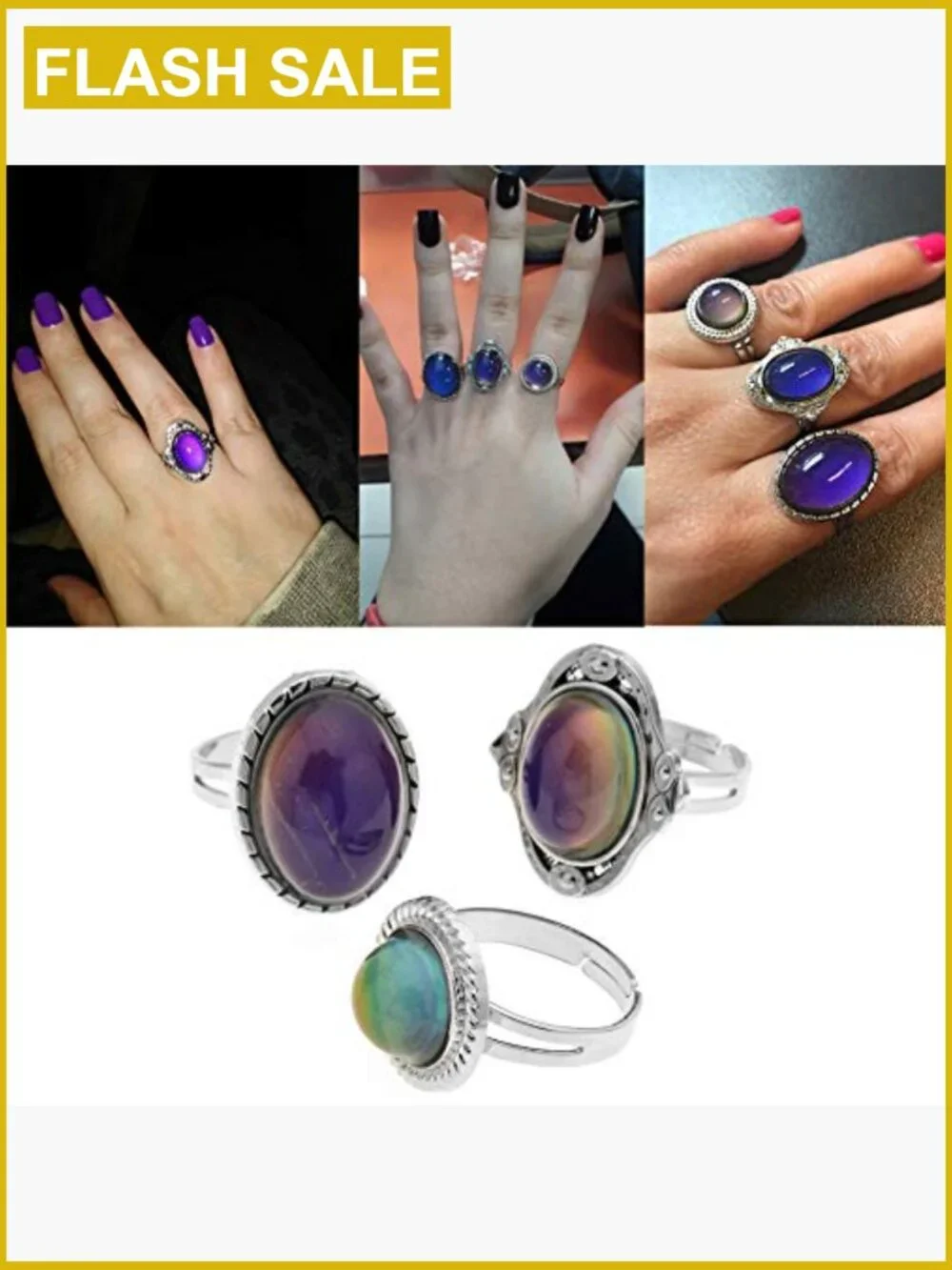 3Pcs Mood Ring Set Adjustable Color Changing Oval Ring Jewelry